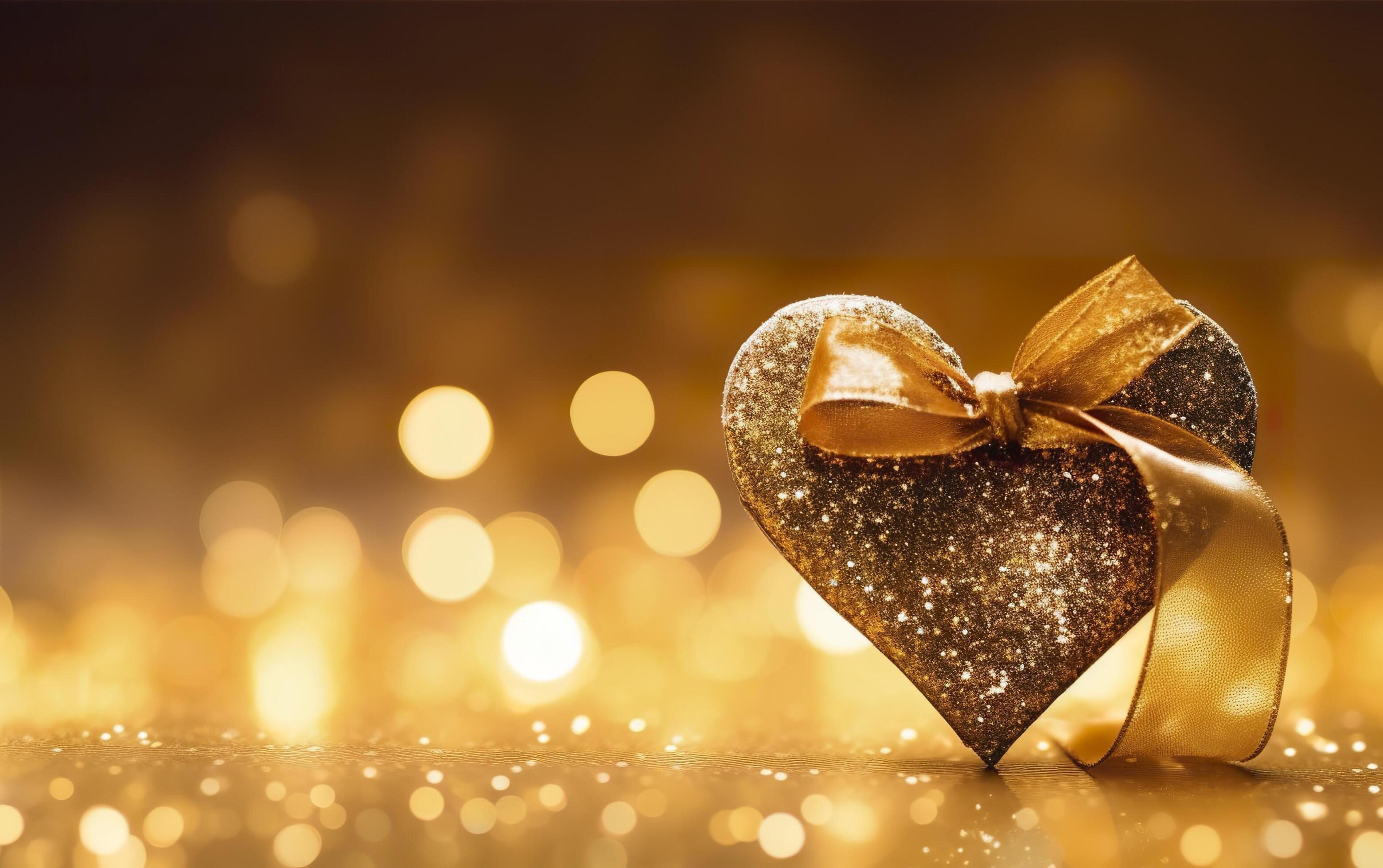 gold glitter heart, ribbon star on the left with copy space, gradient
