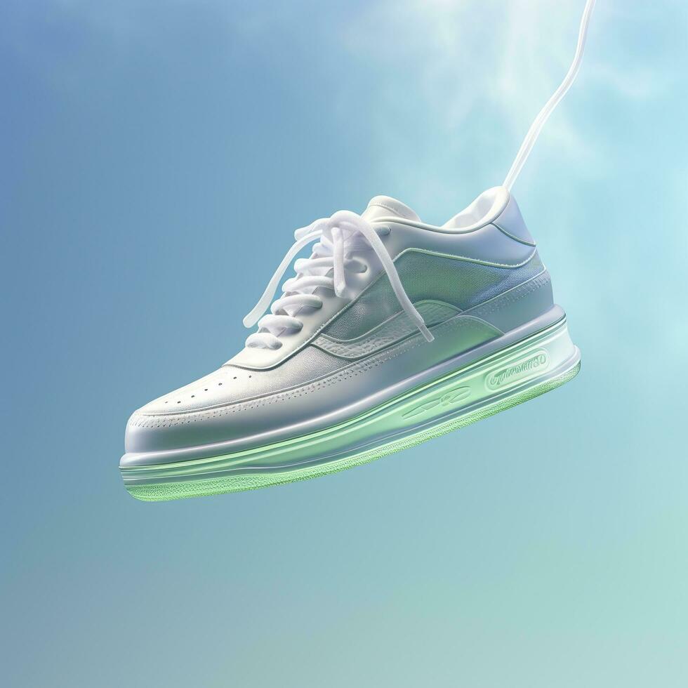 un blanco, azul, y verde casual zapato es suspendido en el aire, en el estilo de brumoso, de ensueño calidad, ai generativo foto