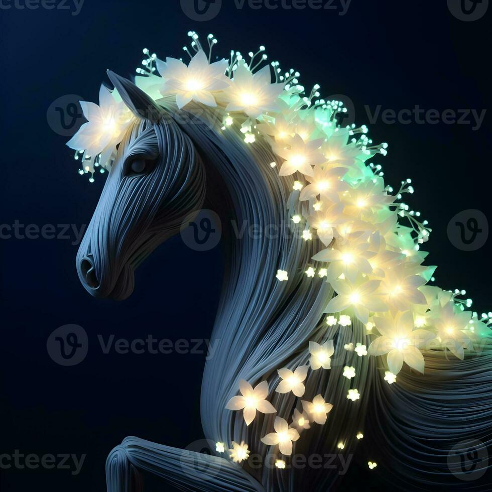 luminoso equino elegancia, un majestuoso caballo con un bioluminiscente floral corona. ai generado foto