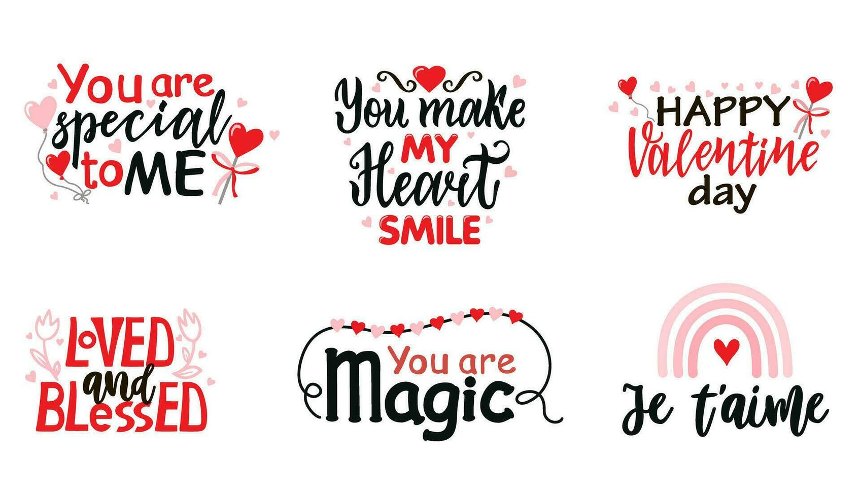 Romantic lettering set. Black, white and red hand written lettering about love to valentines day design poster, greeting card, photo album, banner, calligraphy vector. Romantic lettering set. vector