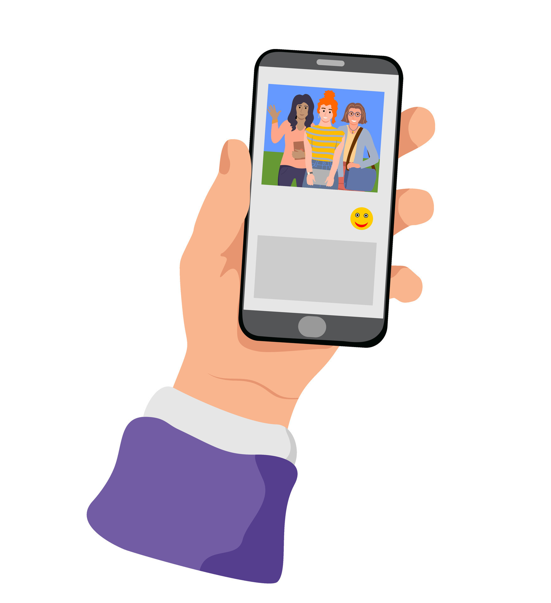 Video Call Between Friends, Chatting Online By Mobile App. Stay At Home,  Work, Communication Remotely. Hand Holding Smartphone. Group Of People On  Device Screen. Internet Messenger Vector Illustration Royalty Free SVG,  Cliparts