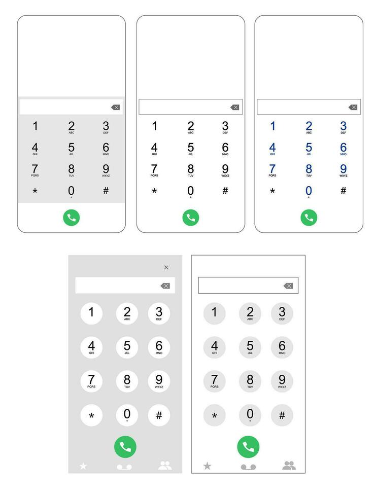 Mobile phone numbers panel, cell phones digital dialing communication screen. Smartphone dial keypad design. Vector flat illustration set