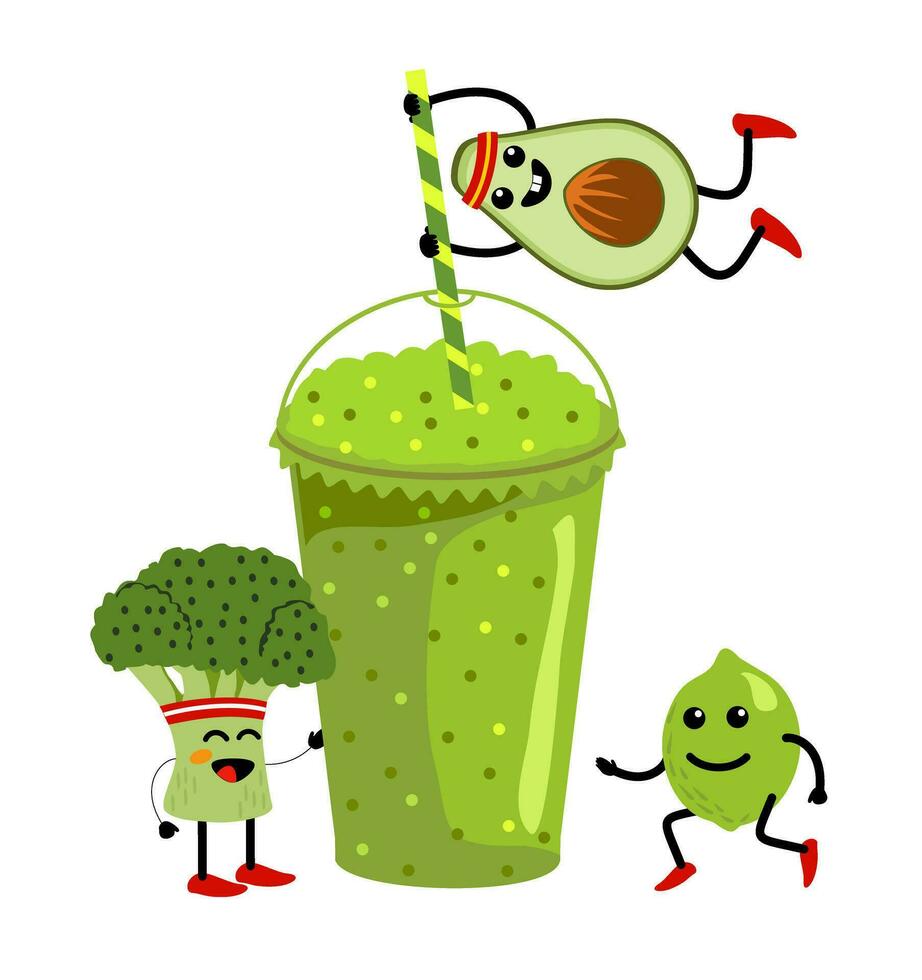 verde zalamero beber. desintoxicación zalamero. Fresco verano vegetal y Fruta jugo. linda dibujos animados frutas con taza. Bebiendo menú, sano vegano estilo de vida ilustración vector