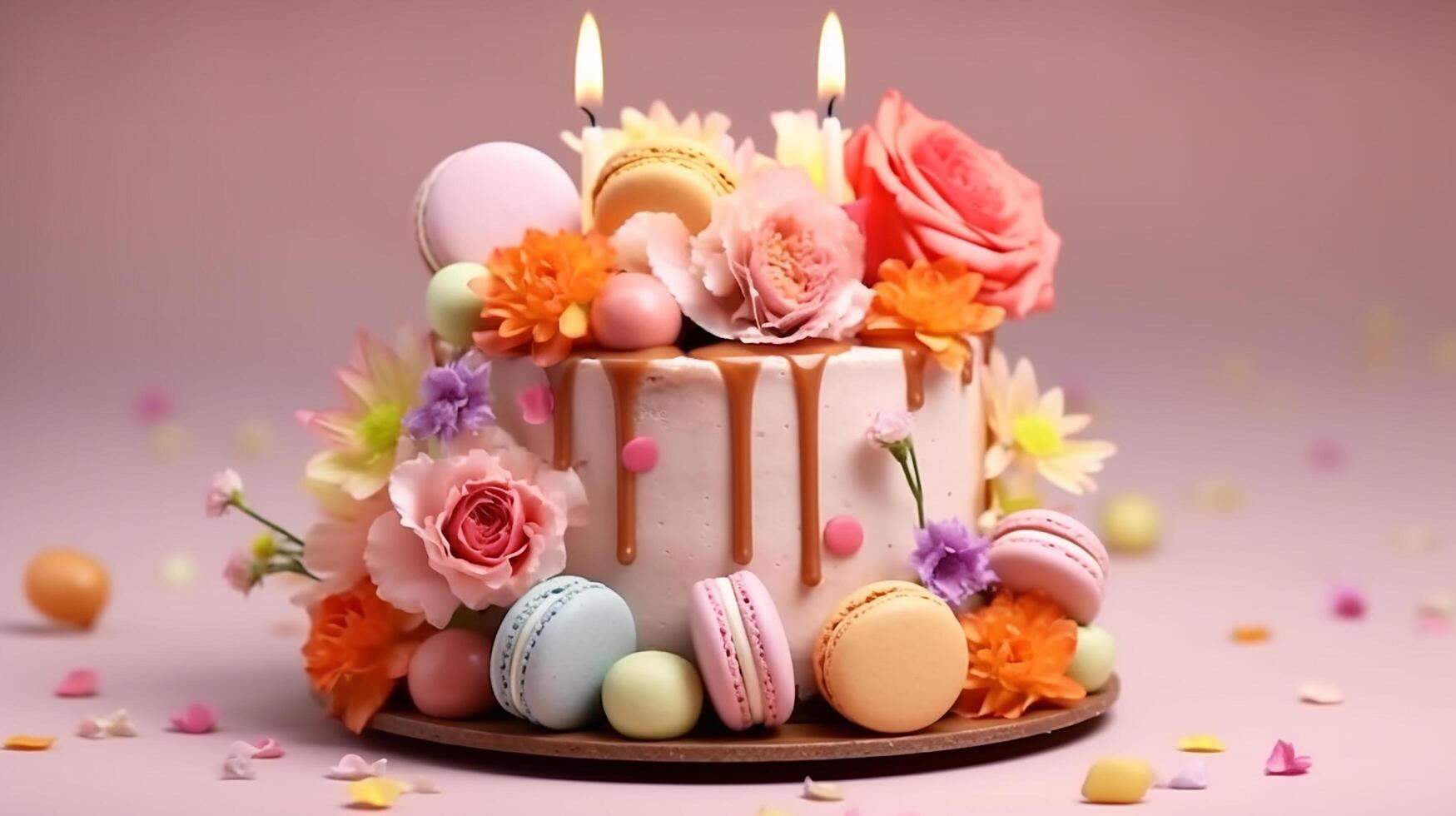 AI Generative Birthday cake with candles on blur background photo