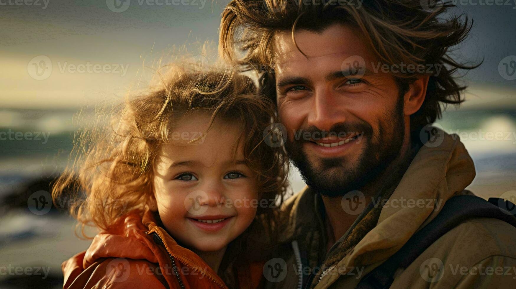 Father and little daughter hug and smile at the camera. Good father concept photo
