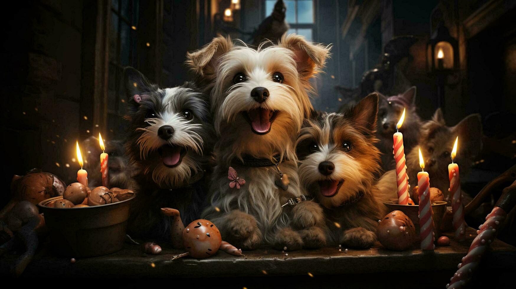 Pets' birthday. Cats and dogs sit near a birthday cake with candles at a birthday party photo