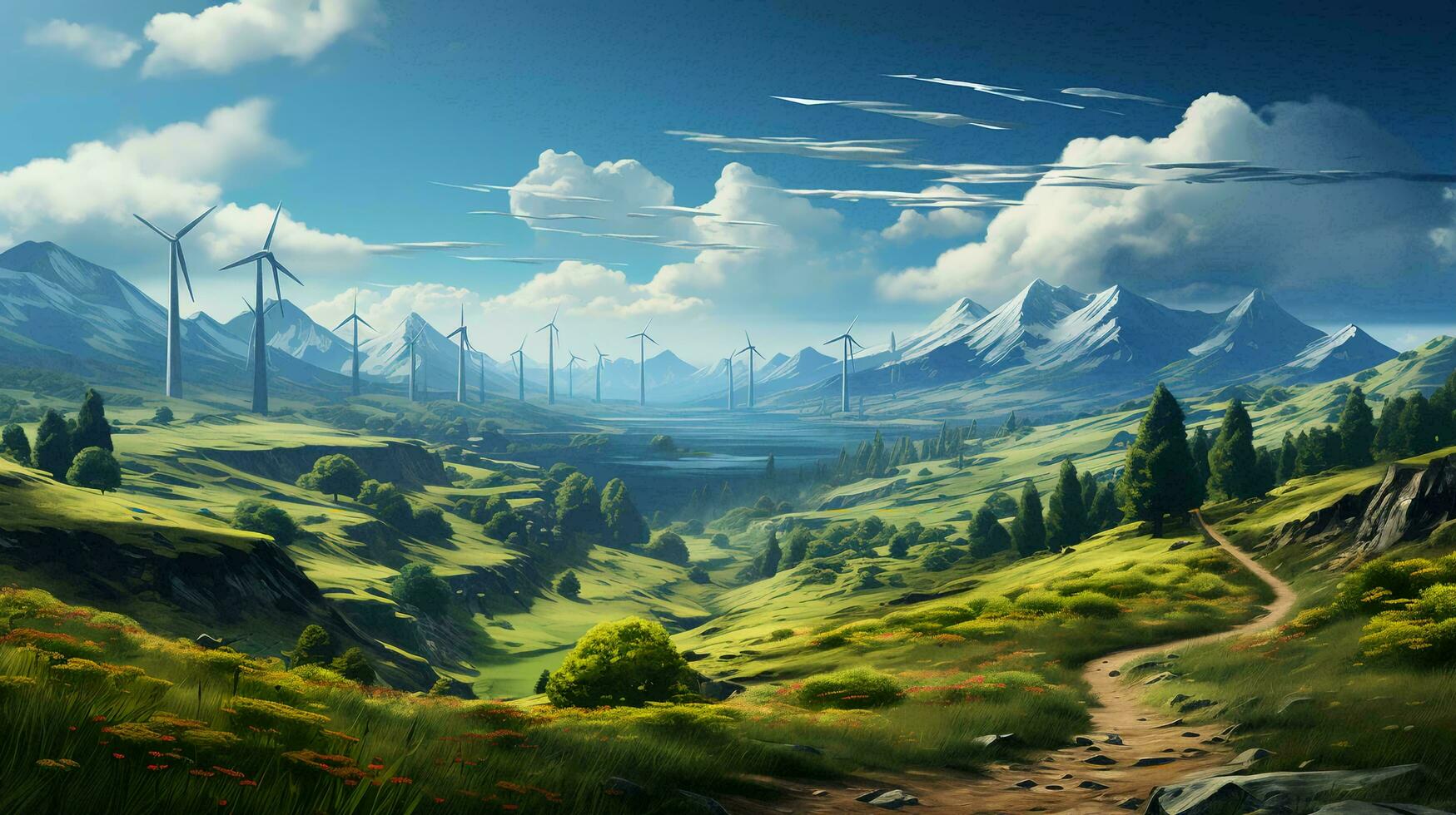 Wind power plants and a beautiful natural landscape of green meadows, rivers and mountains photo