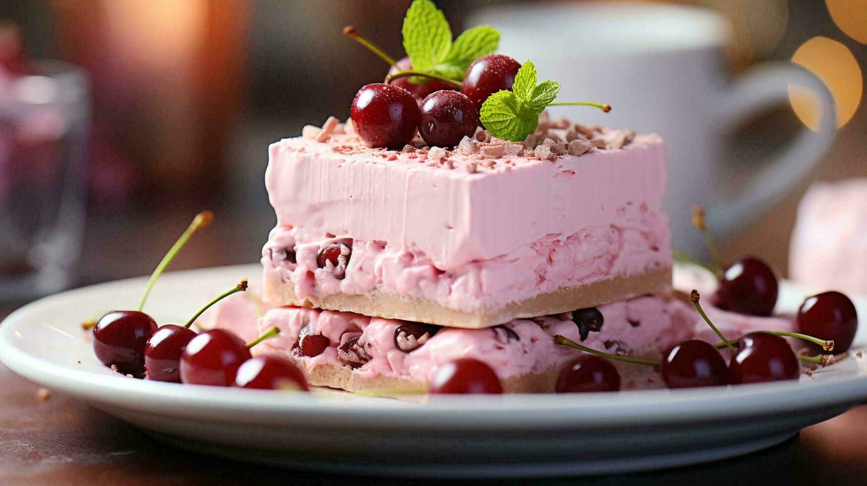 Pink sweet delicious berry dessert marshmallow with cherry and raspberry photo