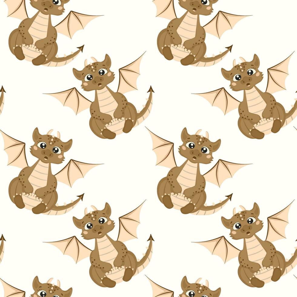 Seamless pattern with a cute surprised dragon on a white background in cartoon style. vector