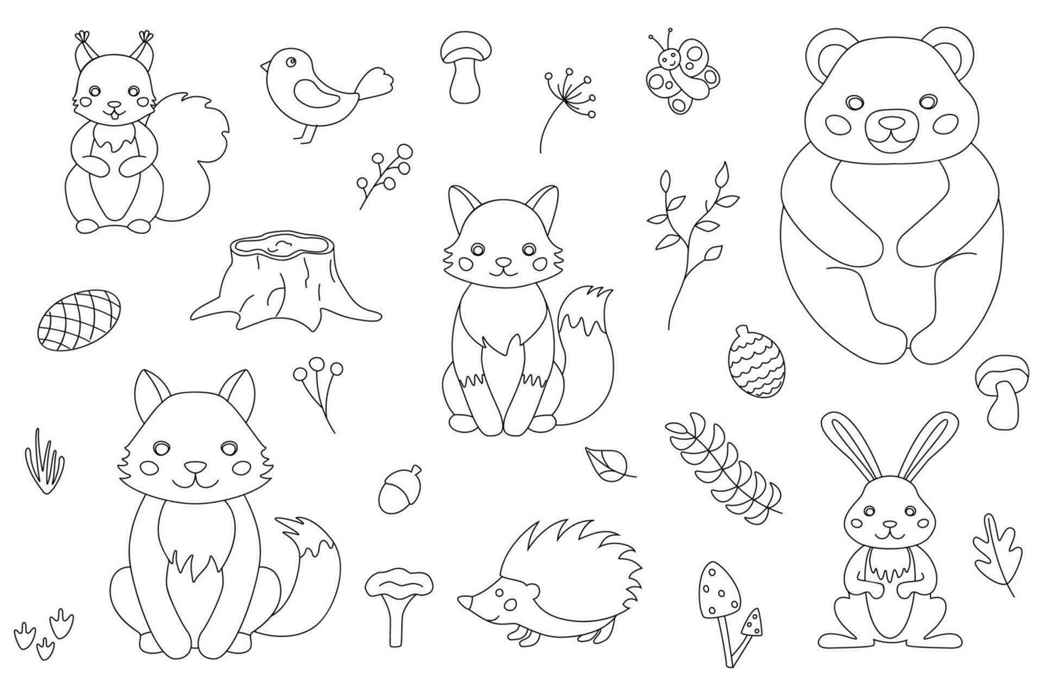 Vector illustration with cute forest animals in the style of linart.