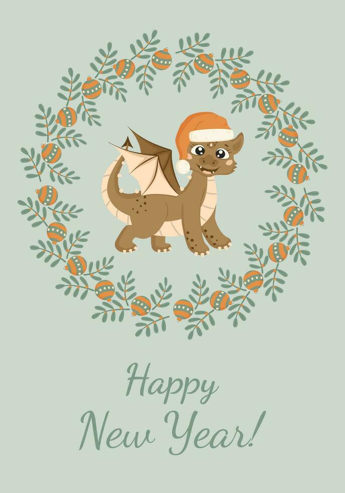 Christmas card in cartoon style. Cute dragon in a Santa Claus hat. vector