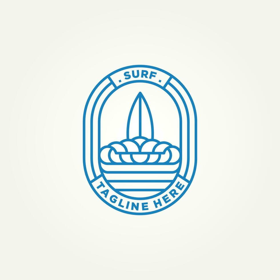 surfing minimalist line art badge logo template vector illustration design. simple modern surfer, water sport, surfboard emblem logo concept