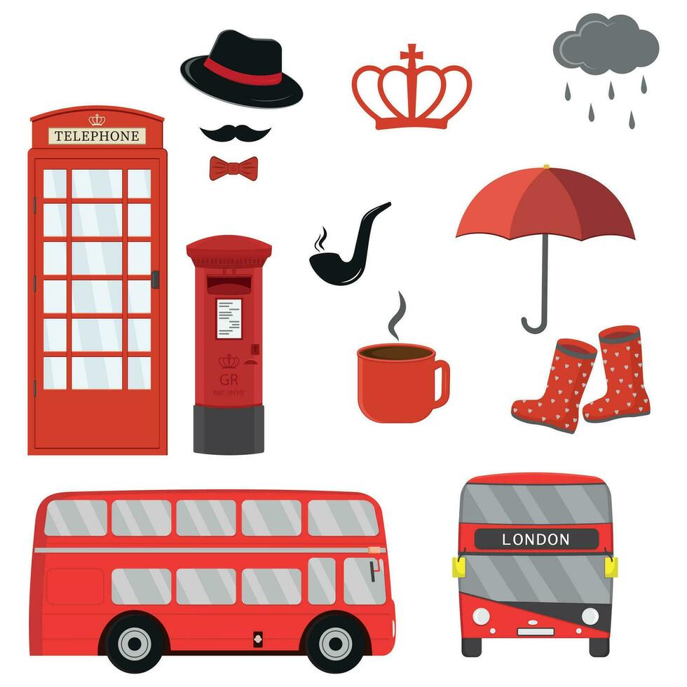 A set of sights and symbols of London, vector isolated illustration