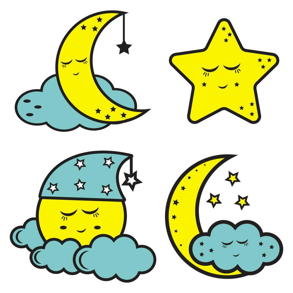 Sleeping Moon on a cloud set, color vector illustration in cartoon style.