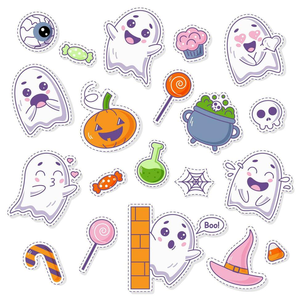 Set of cartoon Halloween stickers. Isolated set of stickers on a white background. Set of stickers, patches, pins in cartoon style. Vector collection of Halloween theme elements.