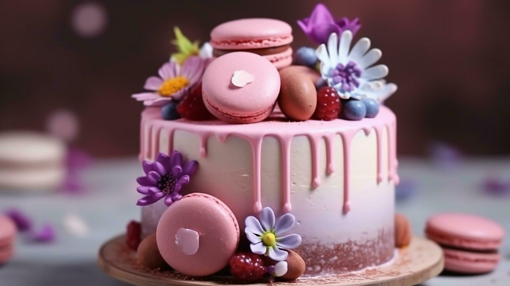 ai generativo cumpleaños pastel con velas en difuminar antecedentes rosado ellos foto