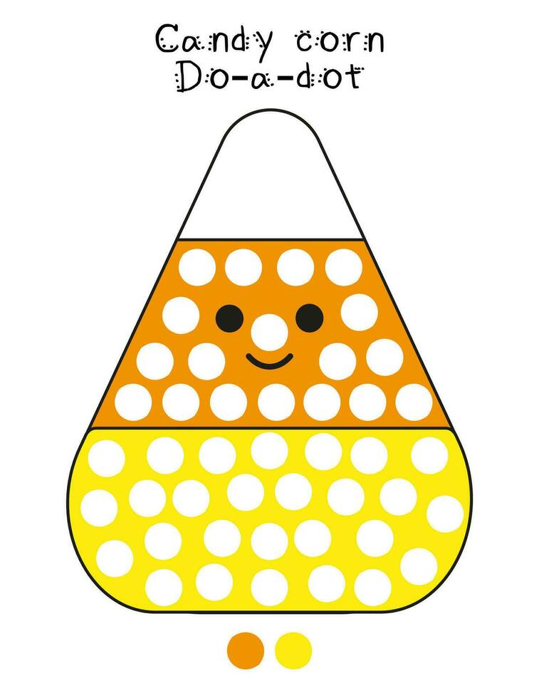 Do a dot painting for kids. Cute candy corn worksheet for Halloween.  Fine motor skills activity for preschool vector