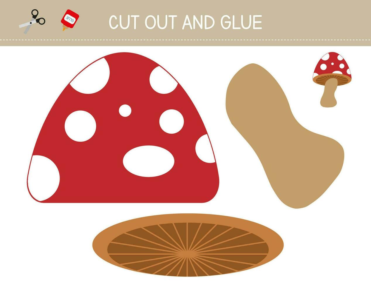 Cut and glue mushroom worksheet for kids. Fall or autumn teaching material. Scissor skills activity for children vector