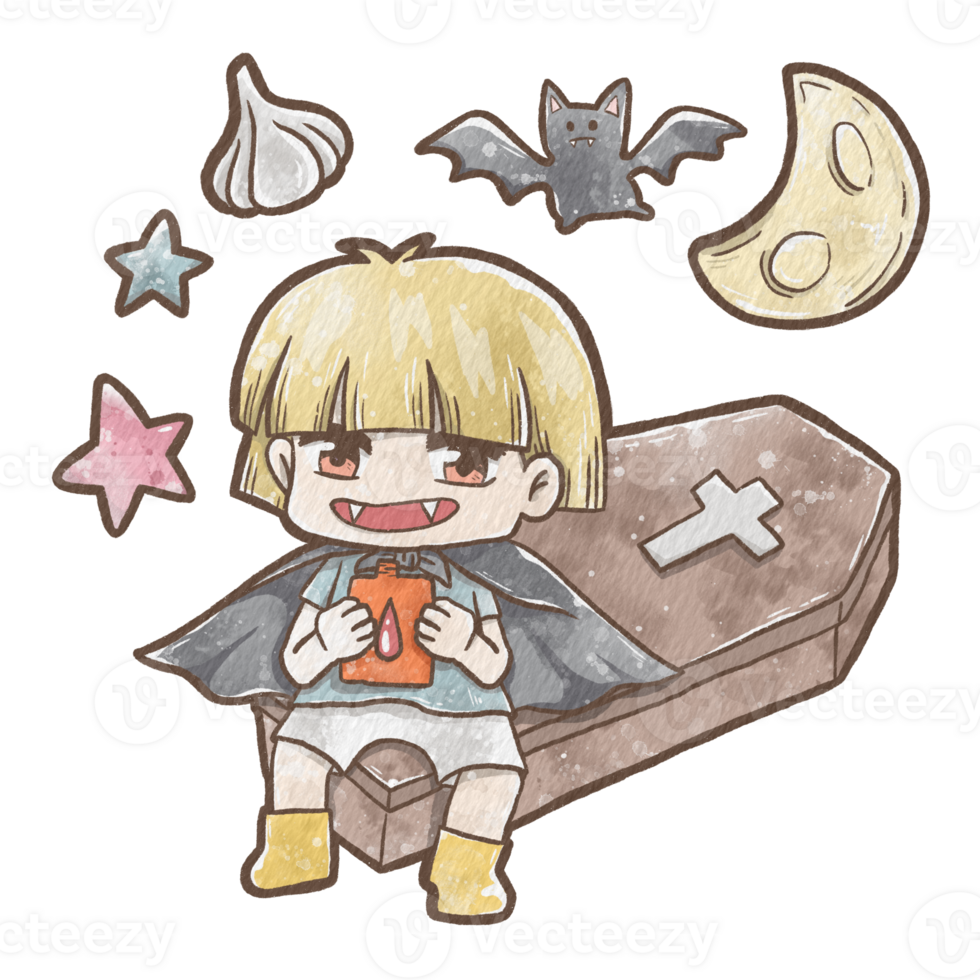 Dracula Boy holding a Blood Bag sitting on a Coffin There is a moon stars bat and a garlic. Illustration about Halloween kid theme. png