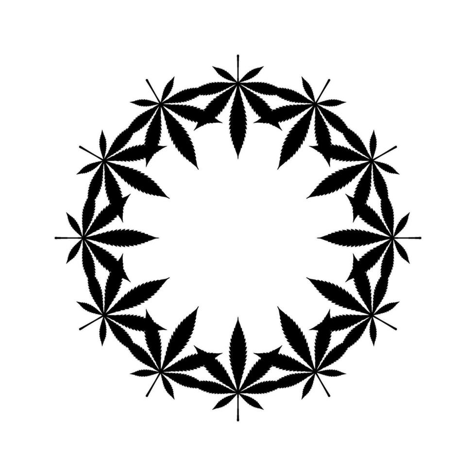 Cannabis Plant Leaf Silhouette Circle Shape Composition, can use for Decoration, Ornate, Wallpaper, Cover, Art Illustration, Textile, Fabric, Fashion, or Graphic Design Element. Vector Illustration
