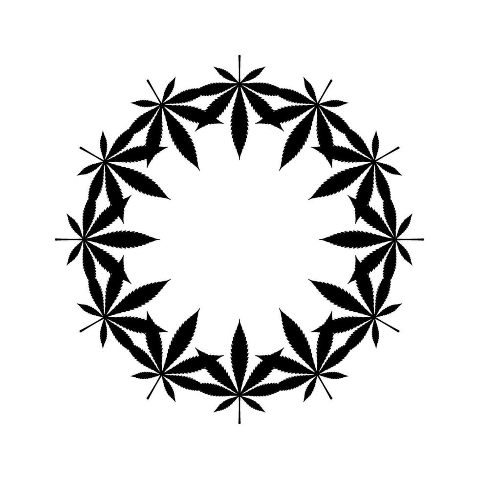 Cannabis Plant Leaf Silhouette Circle Shape Composition, can use for Decoration, Ornate, Wallpaper, Cover, Art Illustration, Textile, Fabric, Fashion, or Graphic Design Element. Vector Illustration