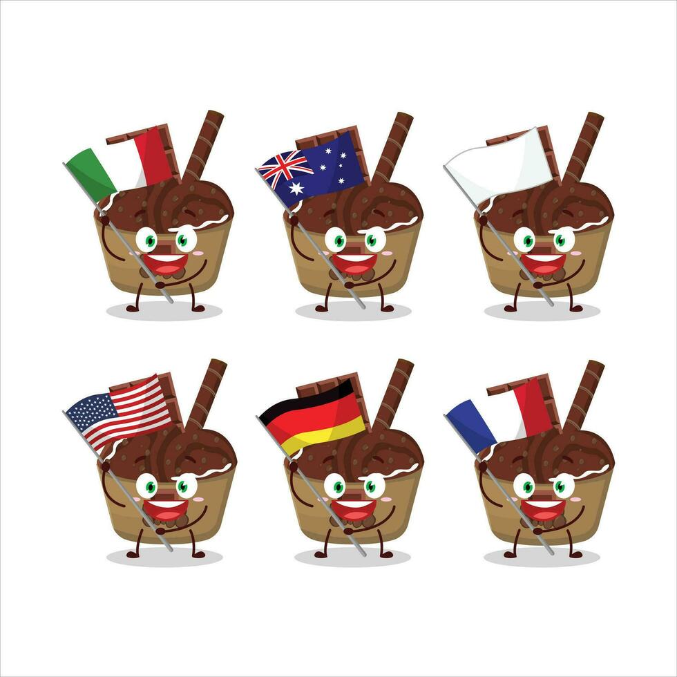 Ice cream chocolate cup cartoon character bring the flags of various countries vector