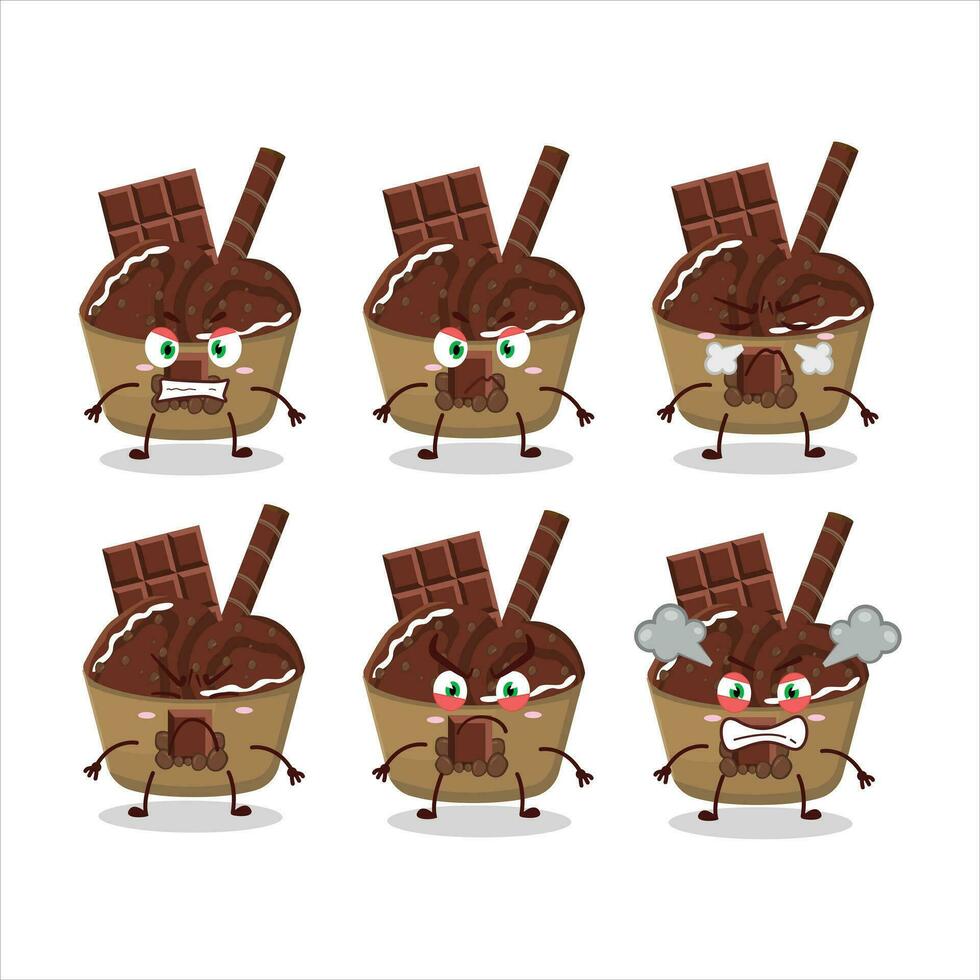 hielo crema chocolate taza dibujos animados personaje con varios enojado expresiones vector