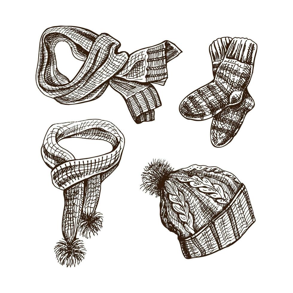 Vintage set of hand drawn knitted sweater, socks, scarf, hat icons. Vector illustrations in sketch style. Handmade, sewing equipment concept in vintage doodle style. Engraving style.