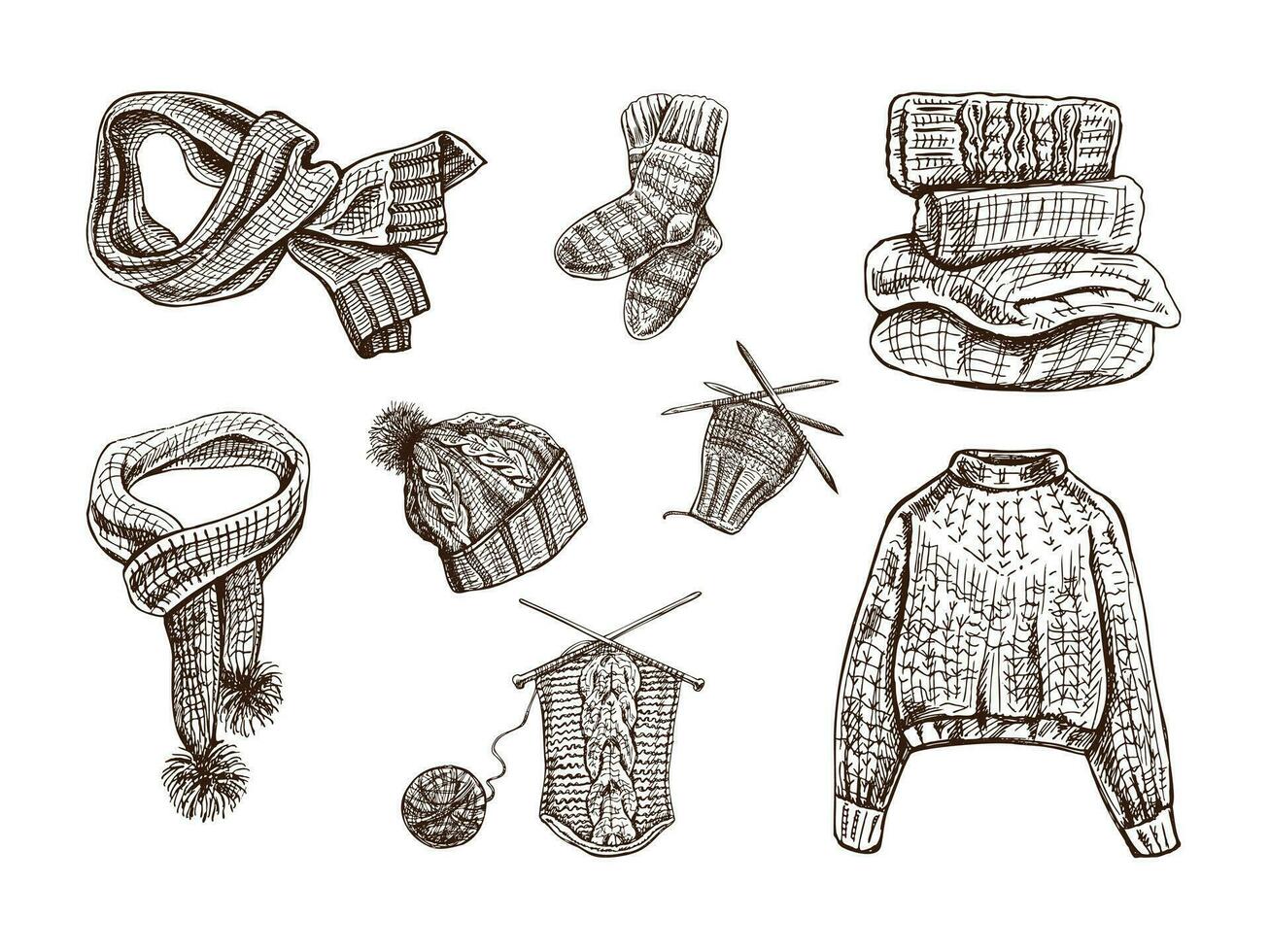 Vintage set of hand drawn knitted sweater, socks, scarf, hat, knitting process icons. Vector illustrations in sketch style. Handmade, sewing equipment concept in vintage doodle style. Engraving style.
