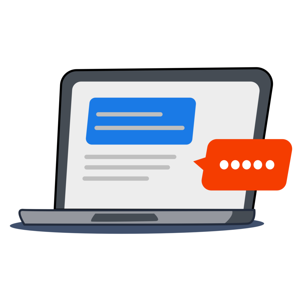 Chat box with laptop.  flat cartoon workspace or working desk laptop pc with chatting bubble notifications, concept of people messaging on internet png