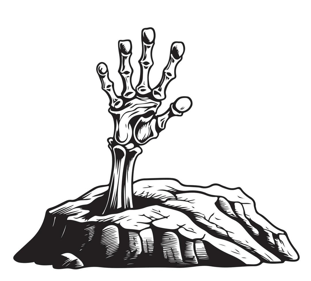 Hand crawling out of a grave pit sketch hand drawn Halloween Vector illustration