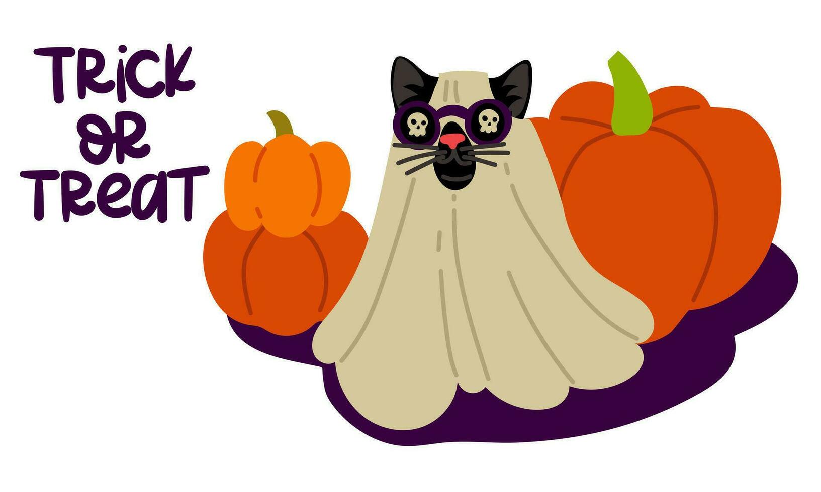 A postcard with the inscription Trick or treat. A black cat in a sheet and glasses with skulls on Halloween on a background of pumpkins. Flat vector illustration on white. text for the holiday