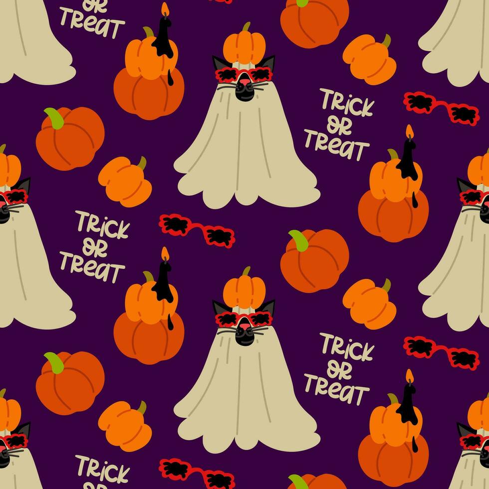 Pattern of a cat in a sheet for Halloween with a pumpkin on its head and on a purple background. A black cat with spider-shaped glasses. Flat vector illustration with pumpkins. Text Trick or treat