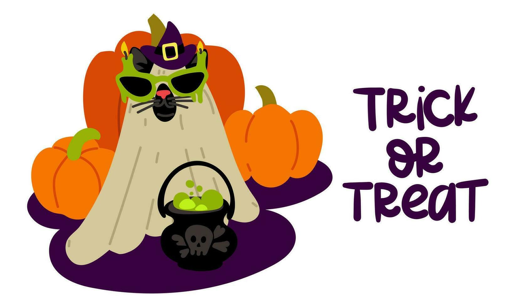 Postcard with the inscription Trick or treat. Black cat in a sheet and glasses with candles, a cauldron, a witch hat for Halloween on a background of pumpkins. Flat vector illustration on white. text