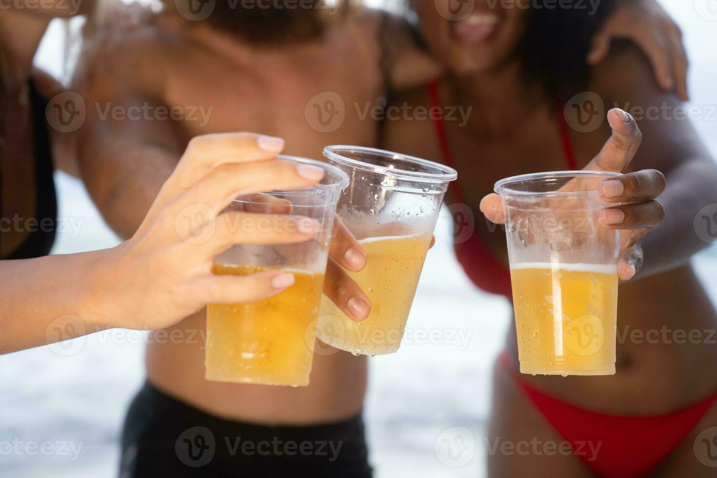 Multi-ethnic group of friends having fun on the beach, drinking beer and having fun photo