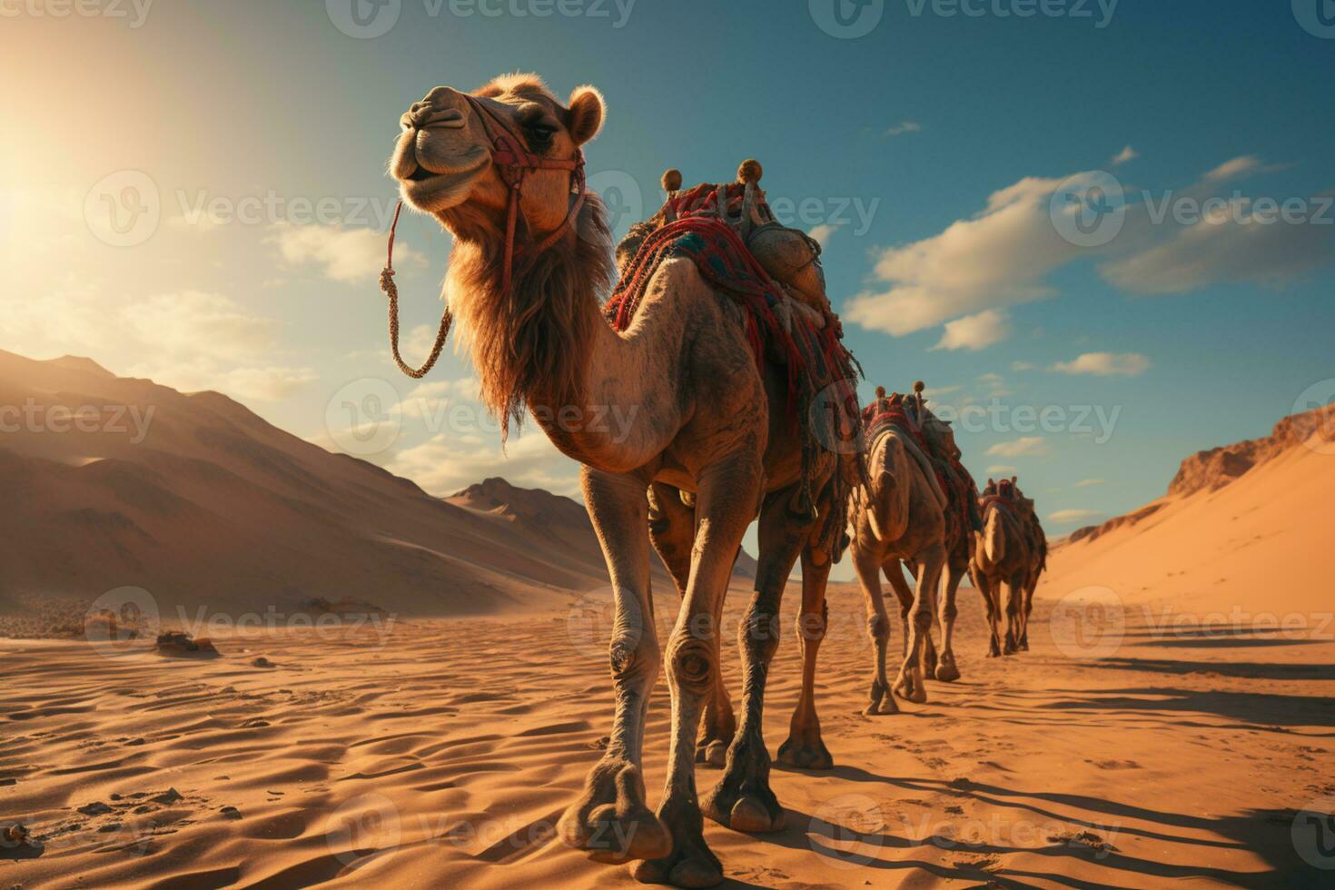A group of camels walking on the deserts AI Generated photo