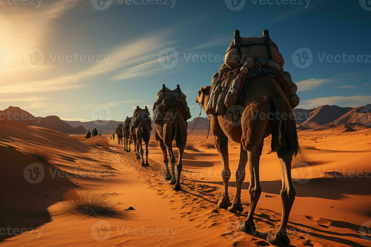 A group of camels walking on the deserts AI Generated photo