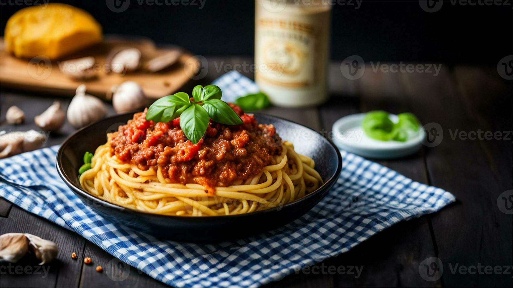 Spaghetti bolognese with tomato sauce and basil leaf on black background AI Generated photo