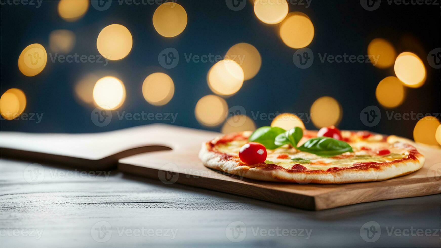 Pizza con queso Mozzarella queso, Tomates y albahaca en un negro de madera antecedentes ai generado foto