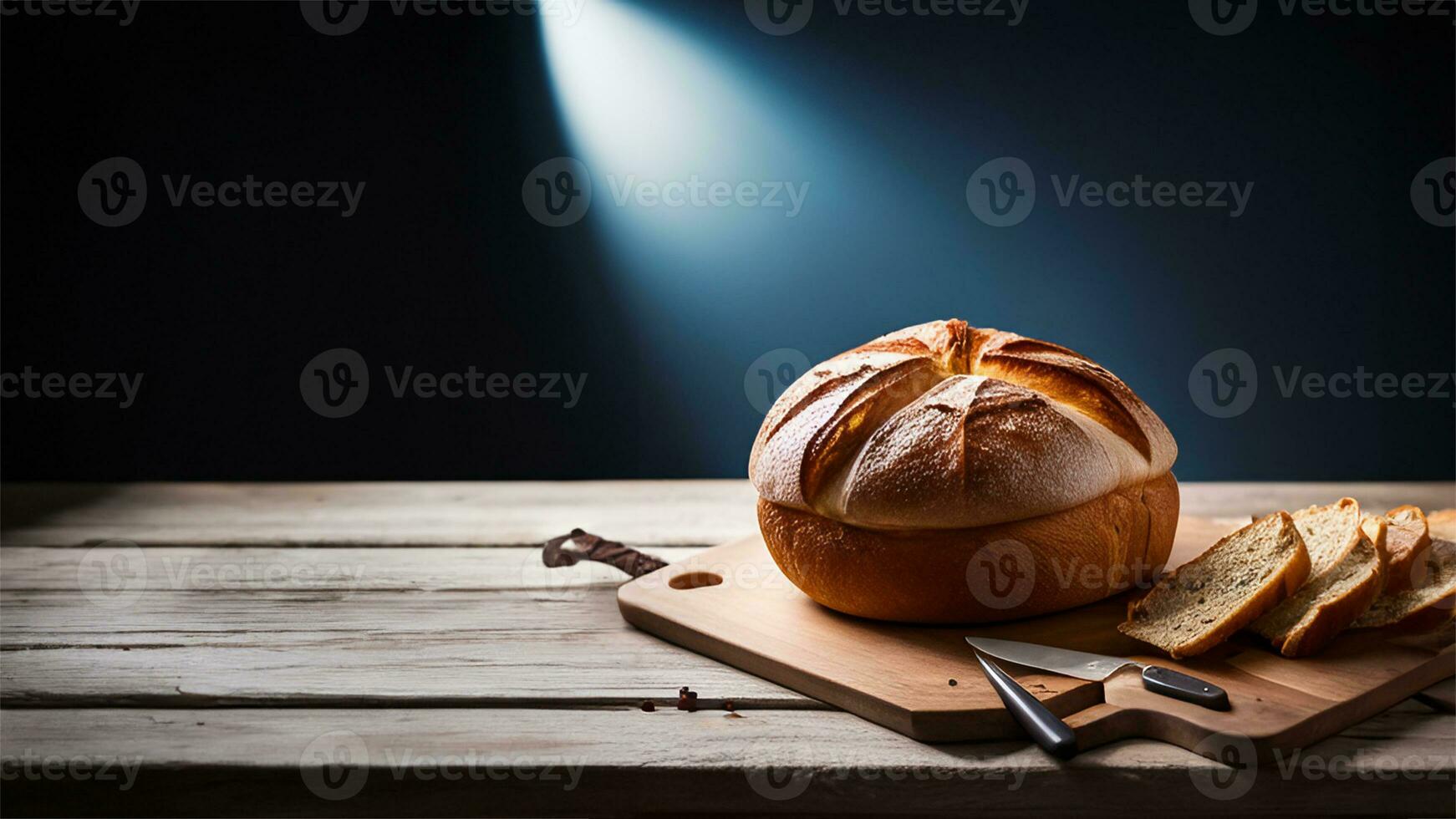 Freshly baked Sourdough bread with sugar powder on a black background. AI Generated photo