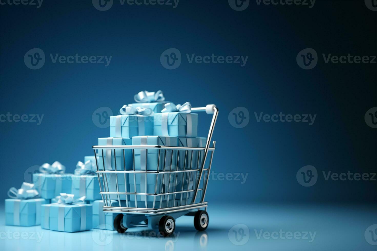 Shopping cart with gift boxes and balloons on blue background. 3d rendering AI Generated photo