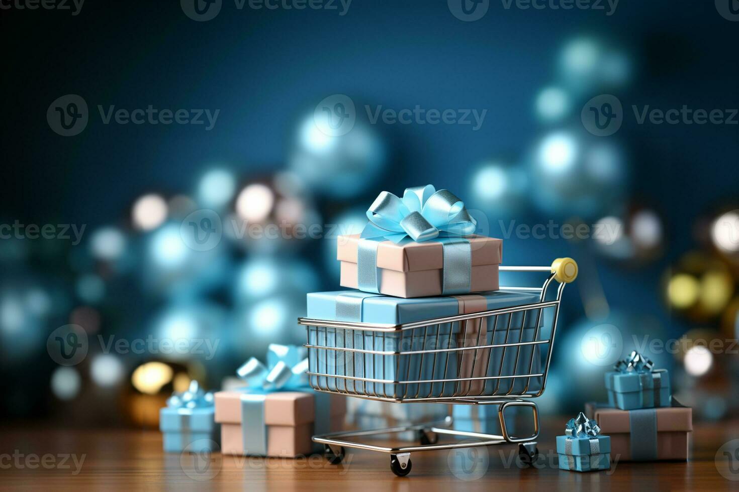 Shopping cart with gift boxes and balloons on blue background. 3d rendering AI Generated photo
