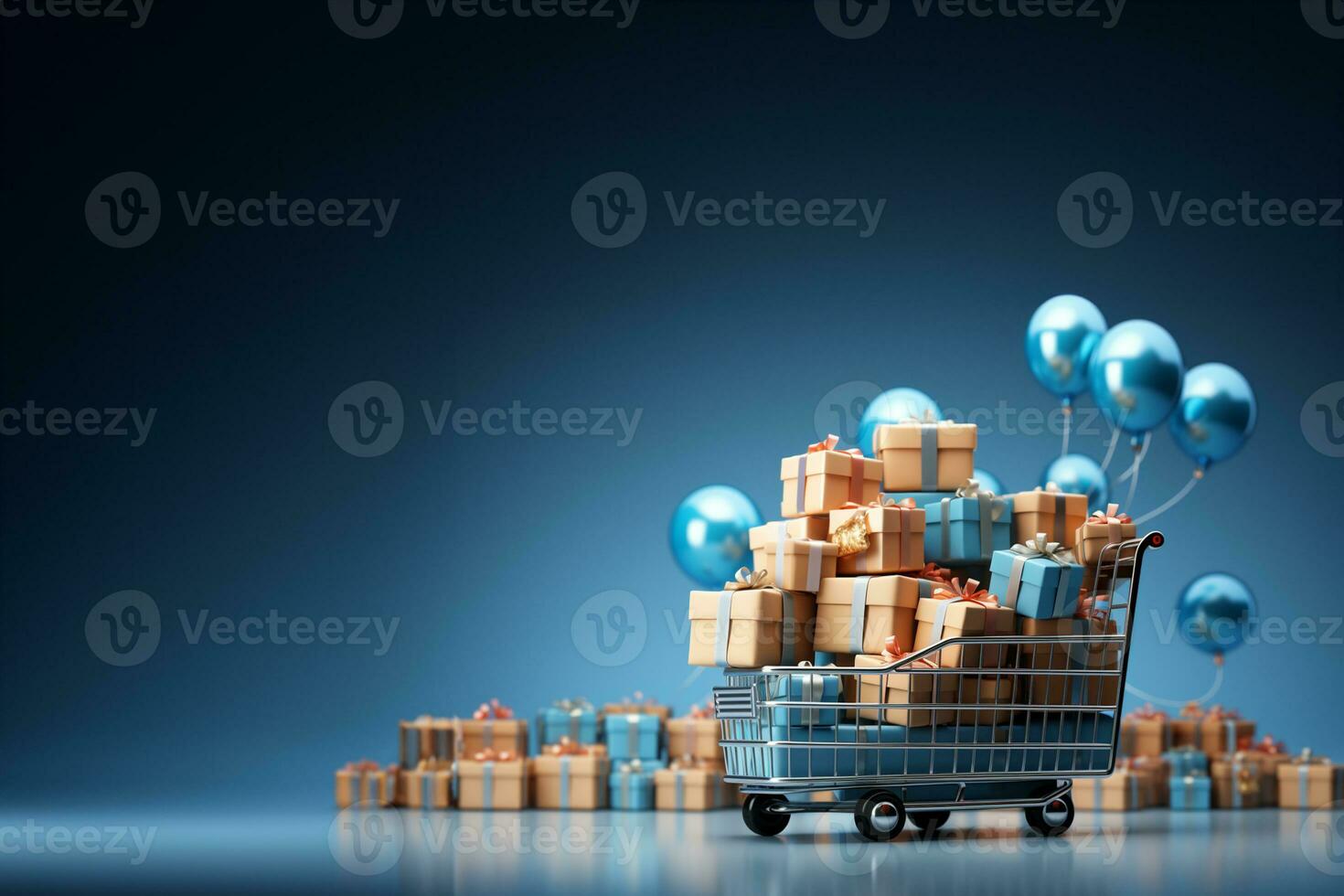 Shopping cart with gift boxes and balloons on blue background. 3d rendering AI Generated photo
