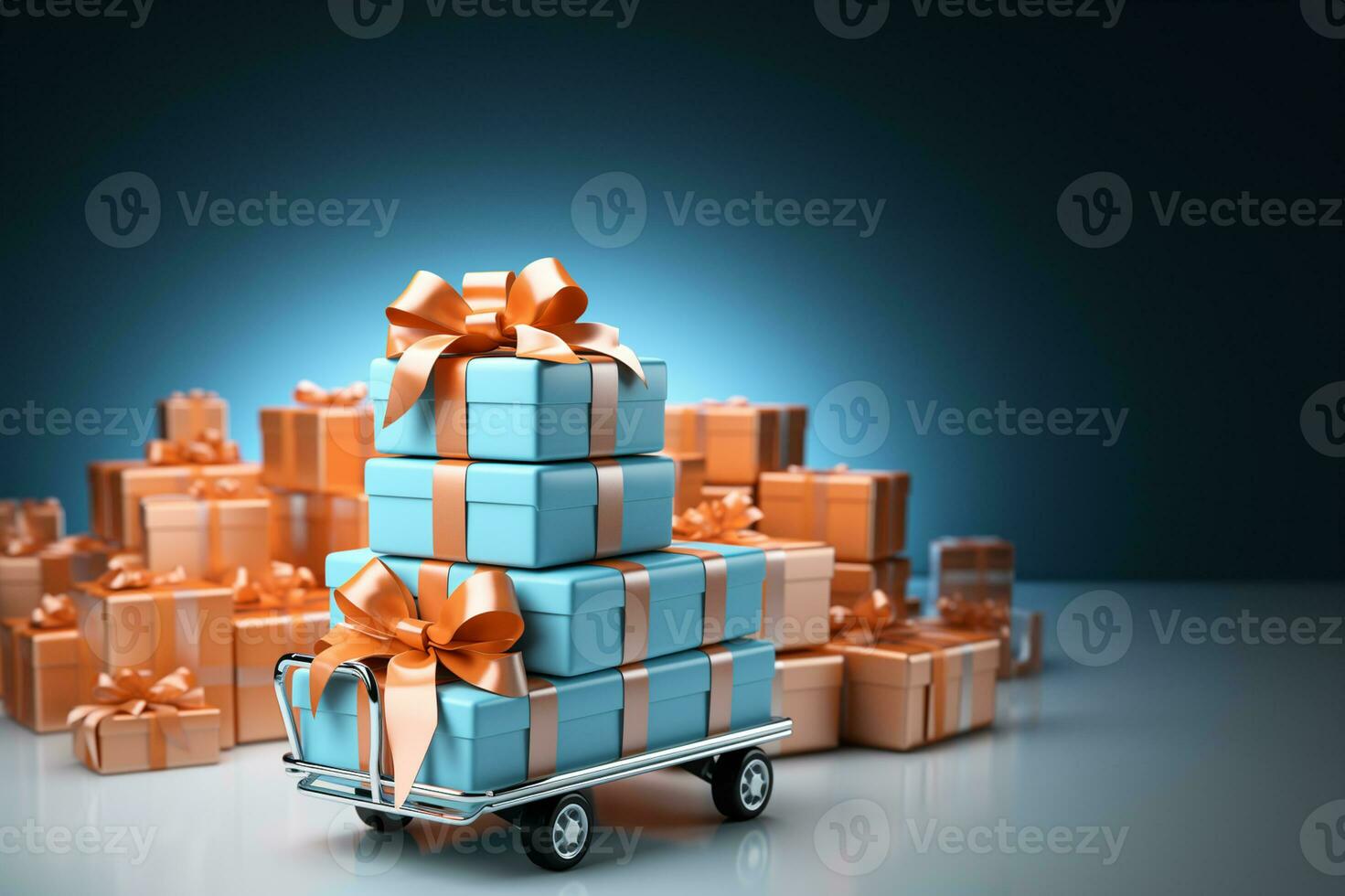 Shopping cart with gift boxes and balloons on blue background. 3d rendering AI Generated photo