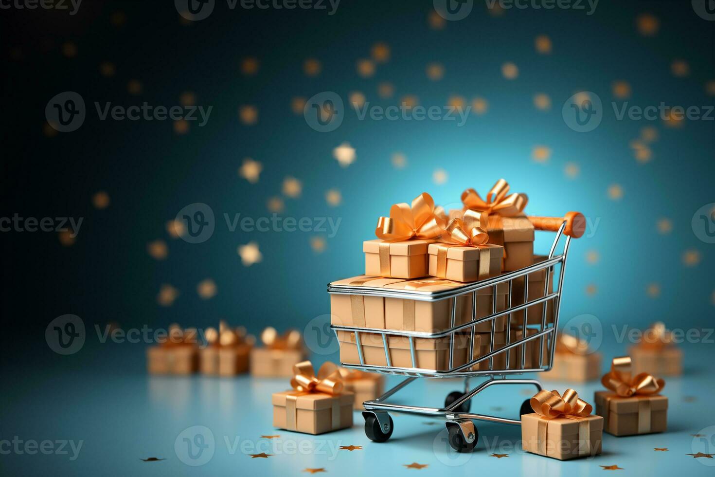 Shopping cart with gift boxes and balloons on blue background. 3d rendering AI Generated photo