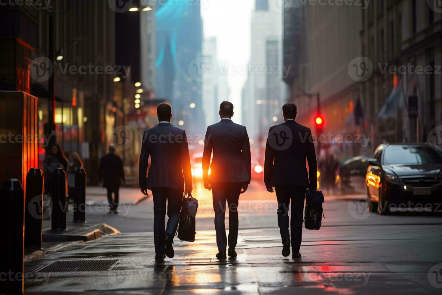 Rear view of three businessmen walking on the street in busy city AI Generated photo