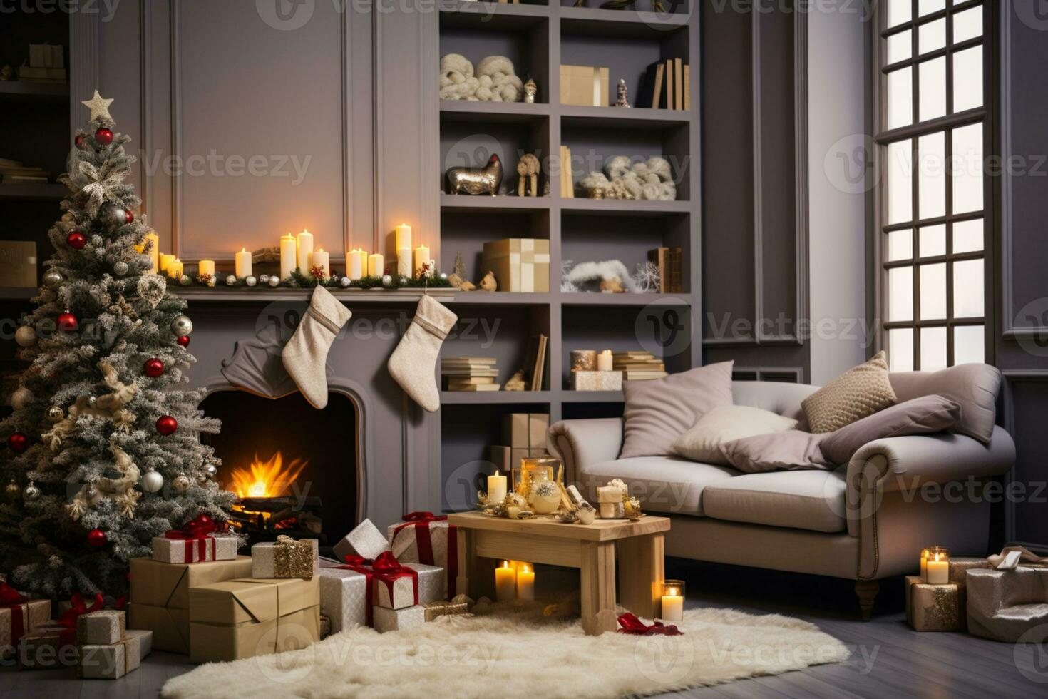 Christmas living room interior with Christmas tree, sofa, candles and decorations AI Generated photo