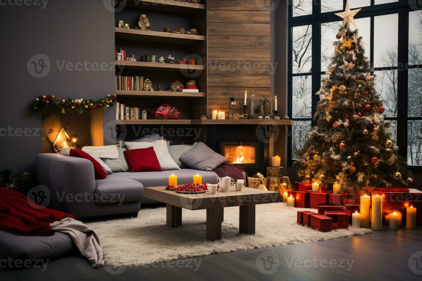 Christmas living room interior with Christmas tree, sofa, candles and decorations AI Generated photo