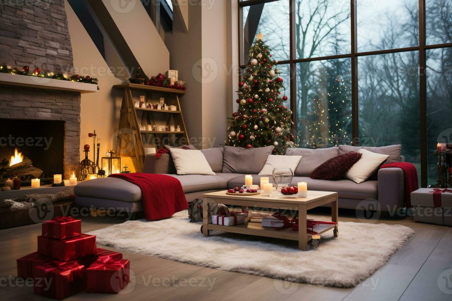 Christmas living room interior with Christmas tree, sofa, candles and decorations AI Generated photo