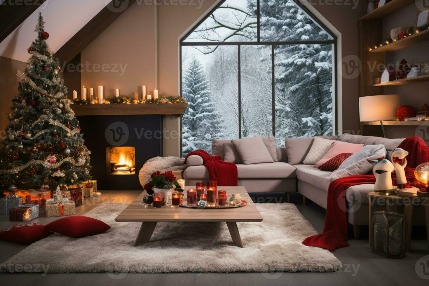 Navidad vivo habitación interior con Navidad árbol, sofá, velas y decoraciones ai generado foto